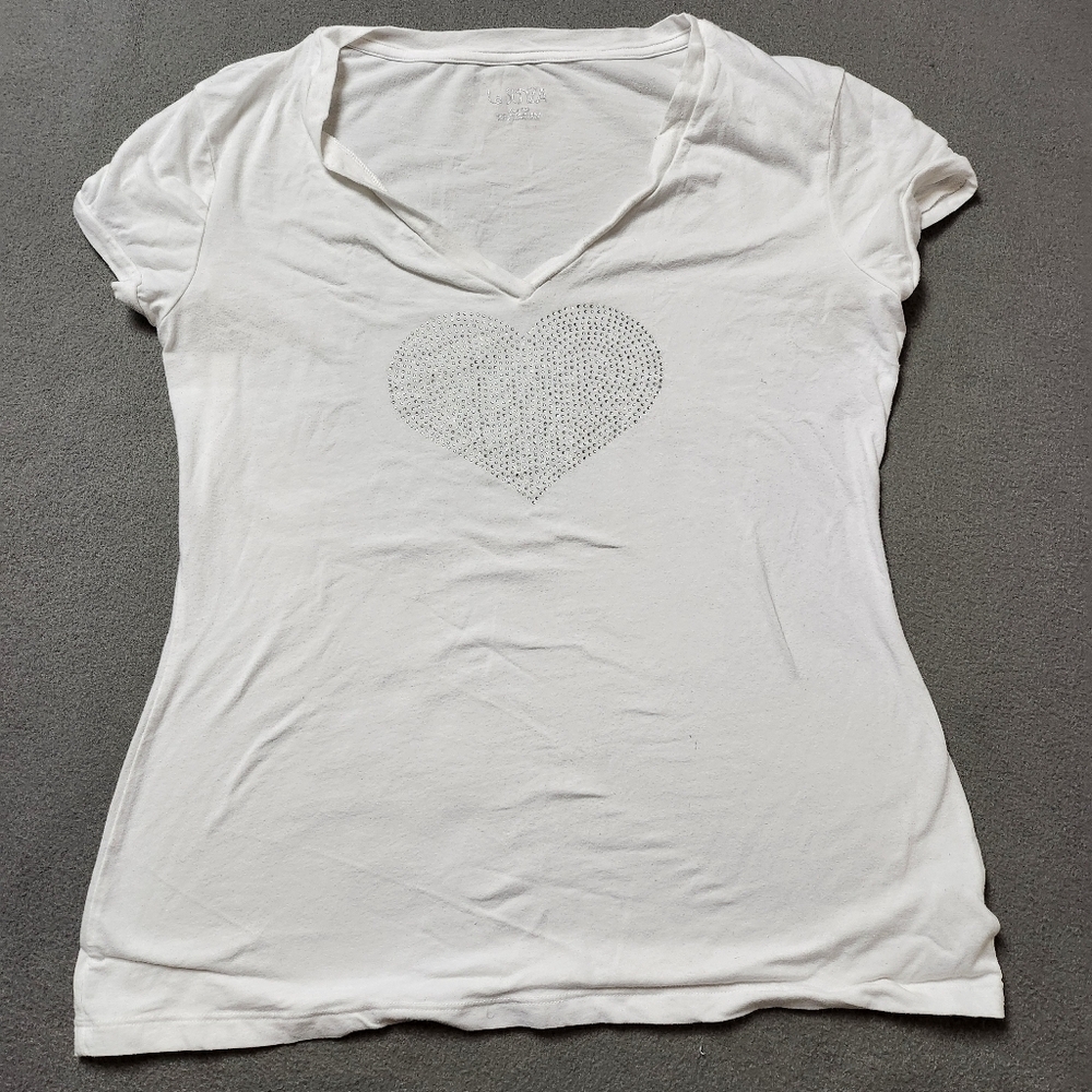 Y2K White Tee with Sequin Heart coquette dreamy fairy luxury XL